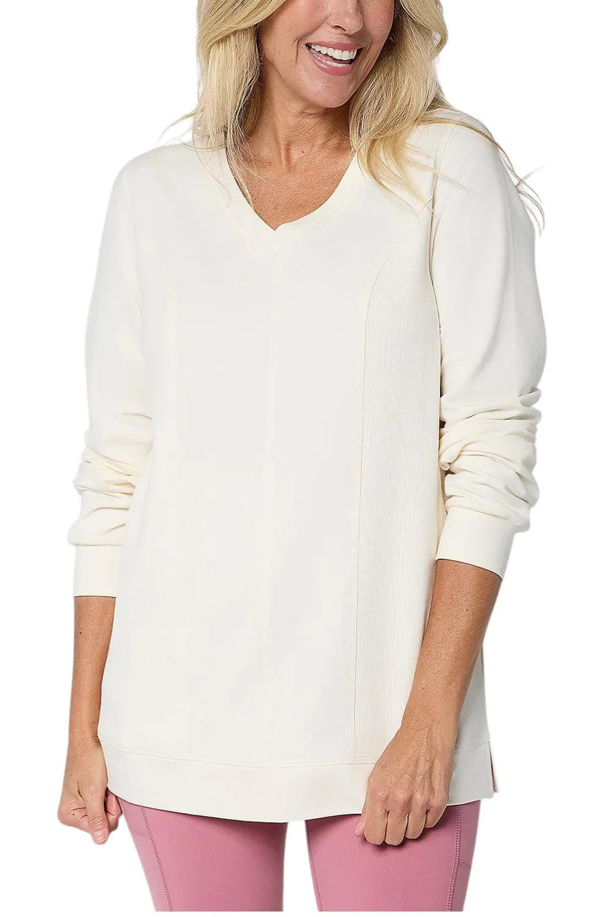 Denim & Co. Women's Active French Terry Rib Mix Tunic Natural - Regular